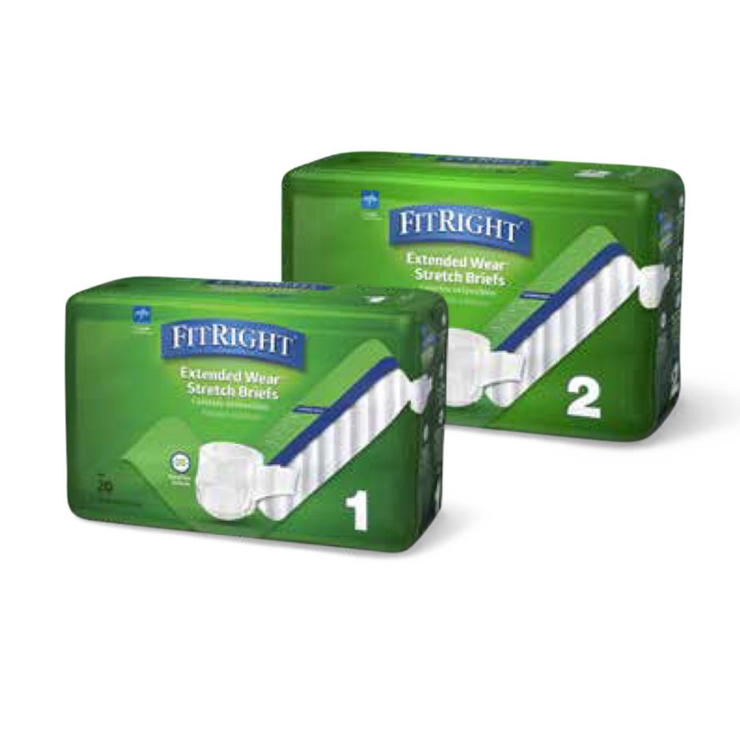 Two green packages of FitRight Extended Wear Stretch Briefs - Overnight Absorbency are shown, each depicting the brief. The numbers 1 on the left and 2 on the right emphasize their advanced absorbent core for reliable odor control.